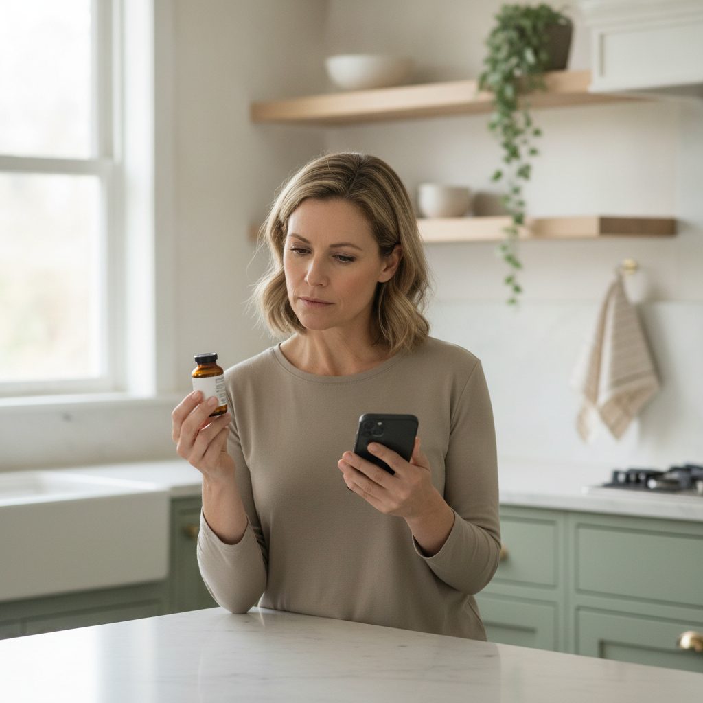 A woman in a bright kitchen reading the label on a small vial while checking her phone
